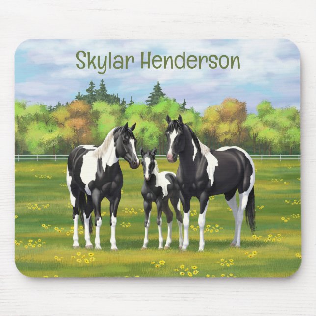 Black Pinto Paint Quarter Horses In Summer Pasture Mouse Pad (Front)
