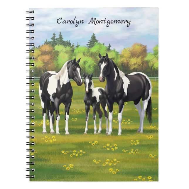Black Pinto Paint Quarter Horses In Summer Pasture Notebook (Front)