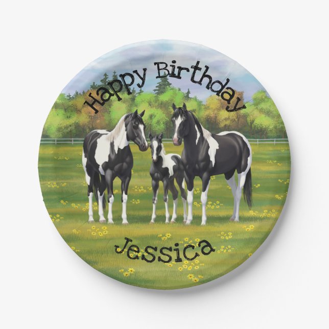 Black Pinto Paint Quarter Horses In Summer Pasture Paper Plates (Front)