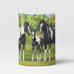 Black Pinto Paint Quarter Horses In Summer Pasture Pillar Candle