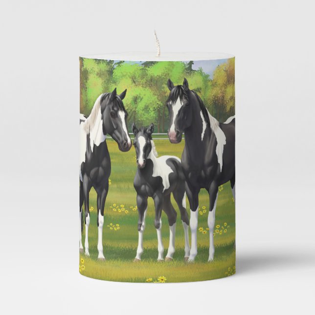 Black Pinto Paint Quarter Horses In Summer Pasture Pillar Candle (Front)