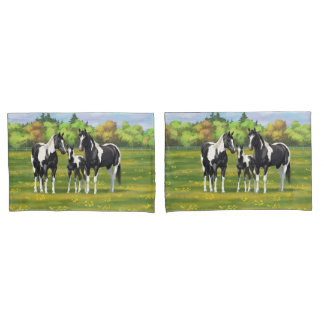 Black Pinto Paint Quarter Horses In Summer Pasture Pillow Case
