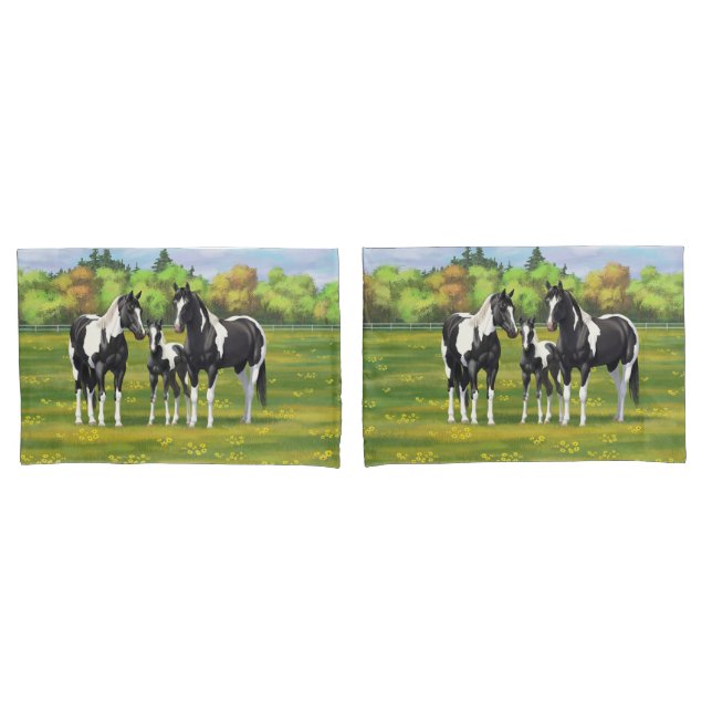 Black Pinto Paint Quarter Horses In Summer Pasture Pillow Case (Front-Set)