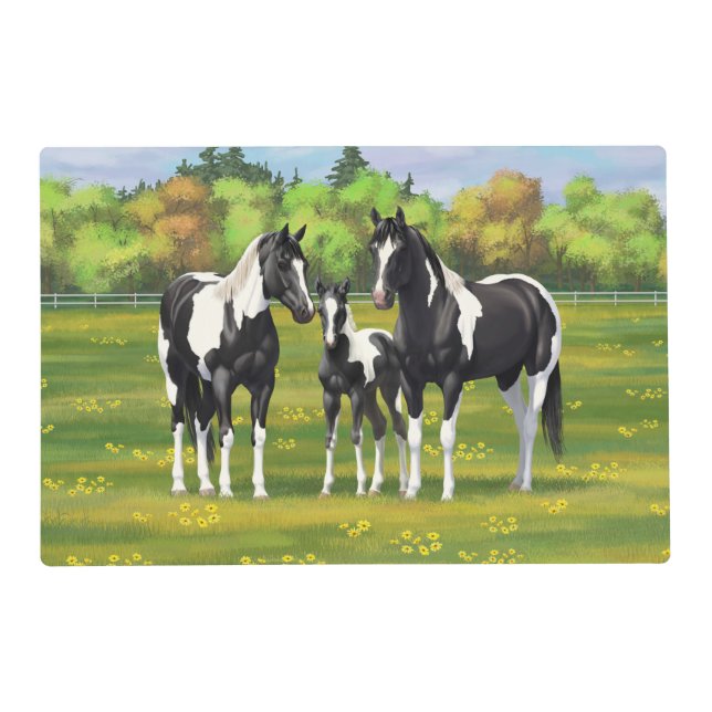 Black Pinto Paint Quarter Horses In Summer Pasture Placemat (Front)