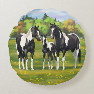 Black Pinto Paint Quarter Horses In Summer Pasture Round Pillow