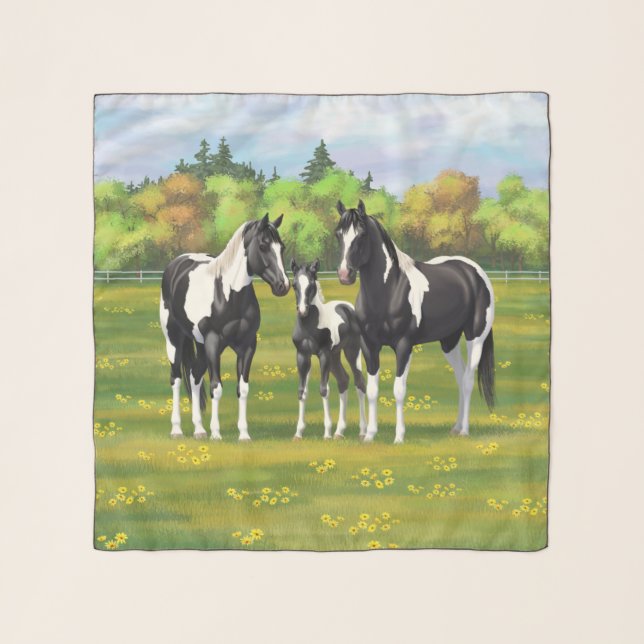 Black Pinto Paint Quarter Horses In Summer Pasture Scarf (Front)