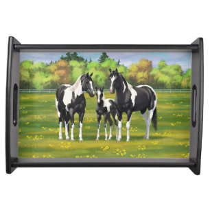 Black Pinto Paint Quarter Horses In Summer Pasture Serving Tray