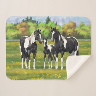 Black Pinto Paint Quarter Horses In Summer Pasture Sherpa Blanket