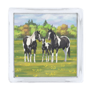 Black Pinto Paint Quarter Horses In Summer Pasture Silver Finish Lapel Pin