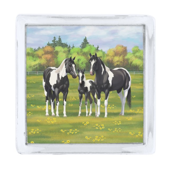 Black Pinto Paint Quarter Horses In Summer Pasture Silver Finish Lapel Pin (Front)