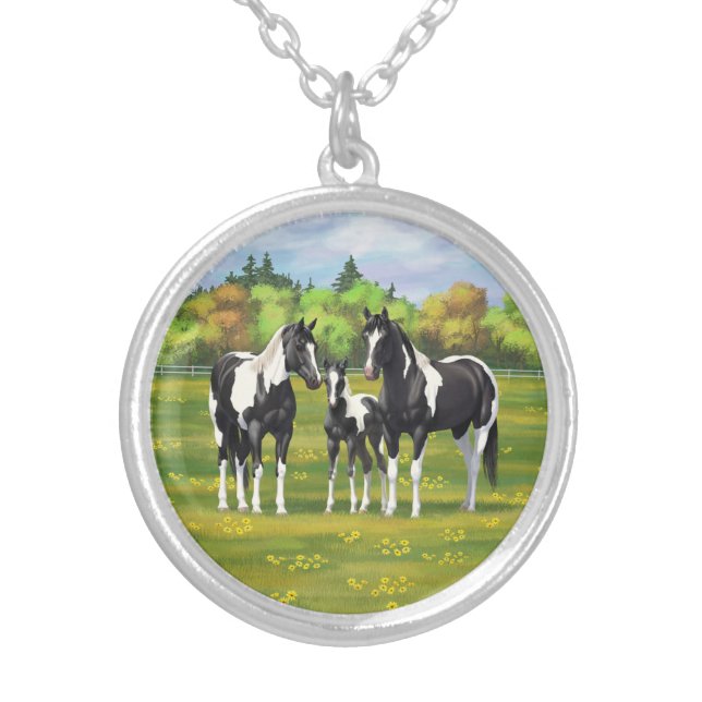 Black Pinto Paint Quarter Horses In Summer Pasture Silver Plated Necklace (Front)