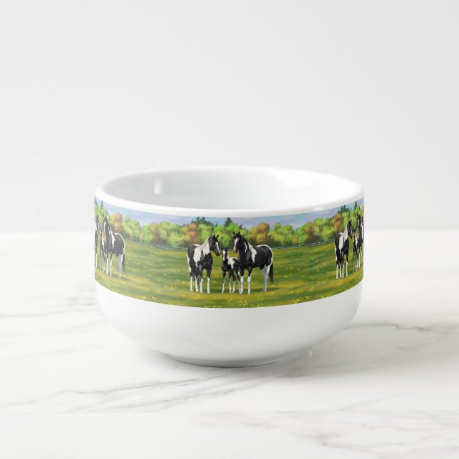 Black Pinto Paint Quarter Horses In Summer Pasture Soup Mug (Front)