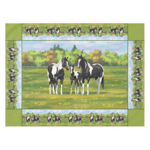 Black Pinto Paint Quarter Horses In Summer Pasture Tablecloth