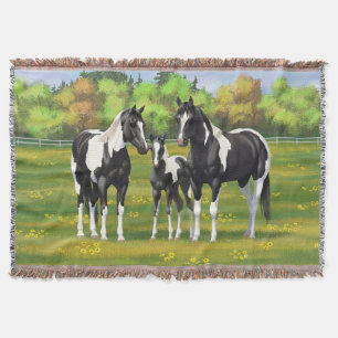 Black Pinto Paint Quarter Horses In Summer Pasture Throw Blanket