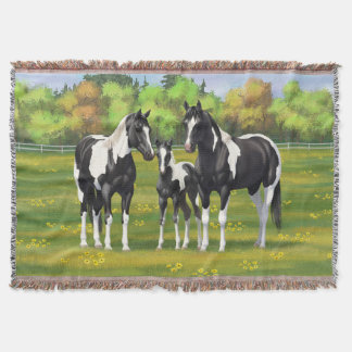 Black Pinto Paint Quarter Horses In Summer Pasture Throw Blanket