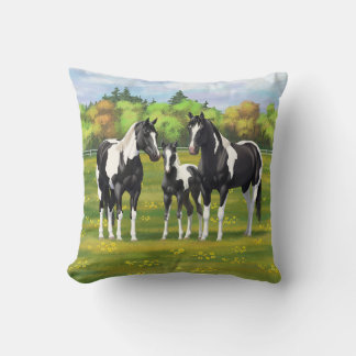 Black Pinto Paint Quarter Horses In Summer Pasture Throw Pillow