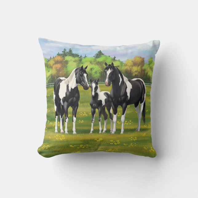 Black Pinto Paint Quarter Horses In Summer Pasture Throw Pillow (Front)