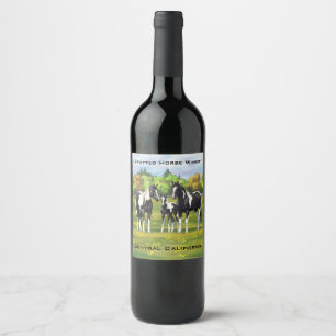 Black Pinto Paint Quarter Horses In Summer Pasture Wine Label