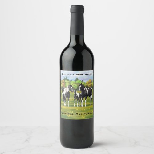 Black Pinto Paint Quarter Horses In Summer Pasture Wine Label