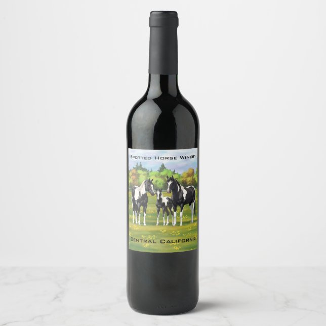 Black Pinto Paint Quarter Horses In Summer Pasture Wine Label (Front)