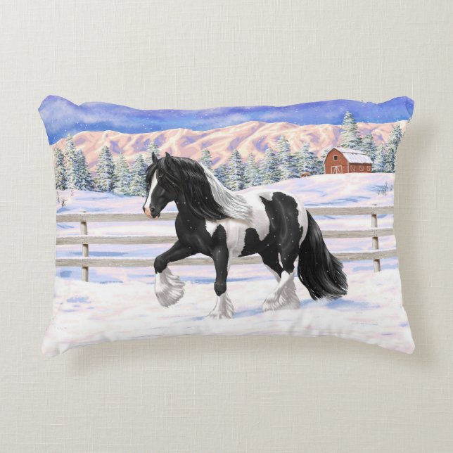 Black Pinto Piebald Gypsy Vanner Draft Horse Accent Pillow (Front)