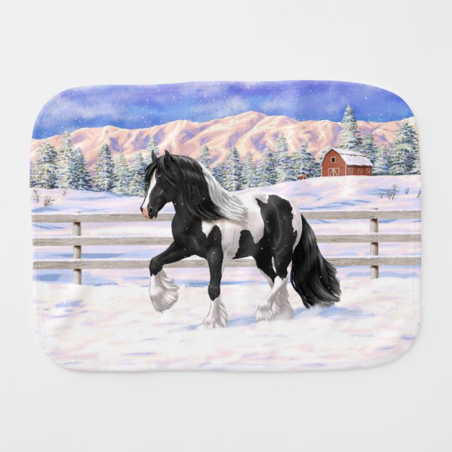 Black Pinto Piebald Gypsy Vanner Draft Horse Baby Burp Cloth (Front Horizontal)