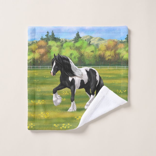 Black Pinto Piebald Gypsy Vanner Draft Horse Bath Towel Set (Wash Cloth)