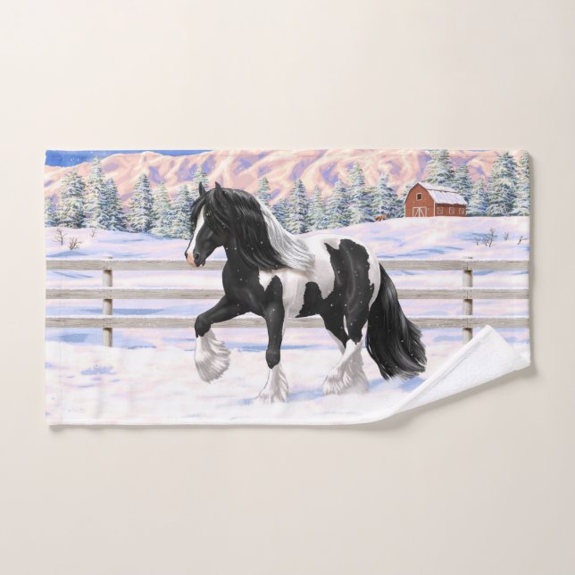 Black Pinto Piebald Gypsy Vanner Draft Horse Bath Towel Set (Hand Towel)