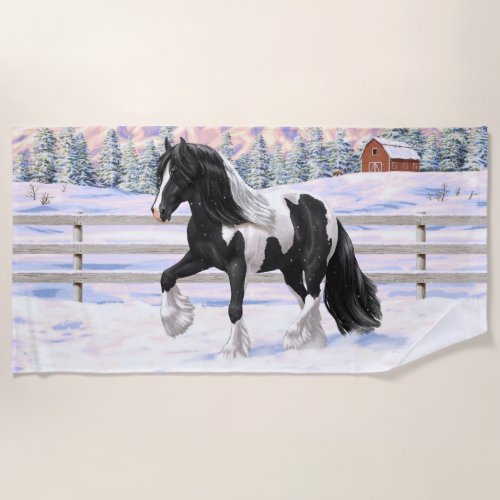 Black Pinto Piebald Gypsy Vanner Draft Horse Beach Towel