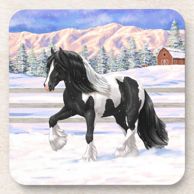 Black Pinto Piebald Gypsy Vanner Draft Horse Beverage Coaster (Front)