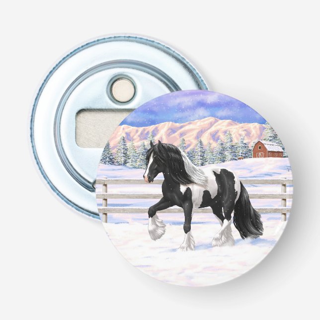 Black Pinto Piebald Gypsy Vanner Draft Horse Bottle Opener (Front)