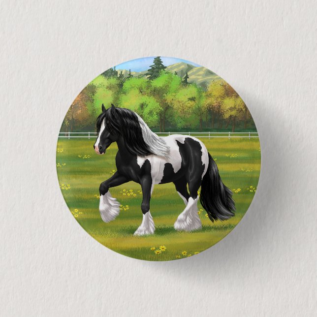 Black Pinto Piebald Gypsy Vanner Draft Horse Button (Front)