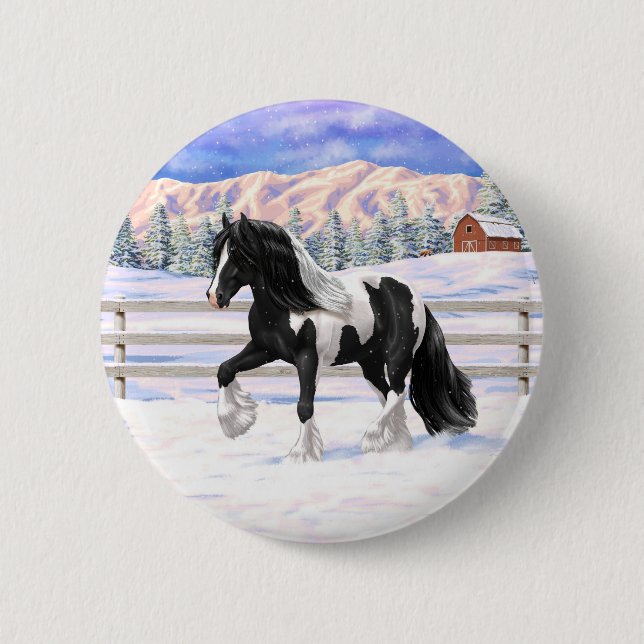 Black Pinto Piebald Gypsy Vanner Draft Horse Button (Front)