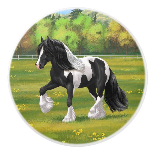 Black Pinto Piebald Gypsy Vanner Draft Horse Ceramic Knob (Front)