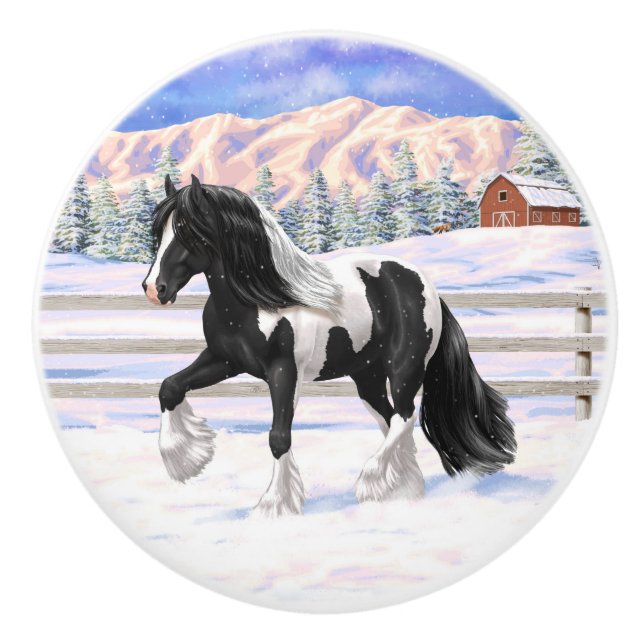 Black Pinto Piebald Gypsy Vanner Draft Horse Ceramic Knob (Front)