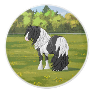Black Pinto Piebald Gypsy Vanner Draft Horse Ceramic Knob