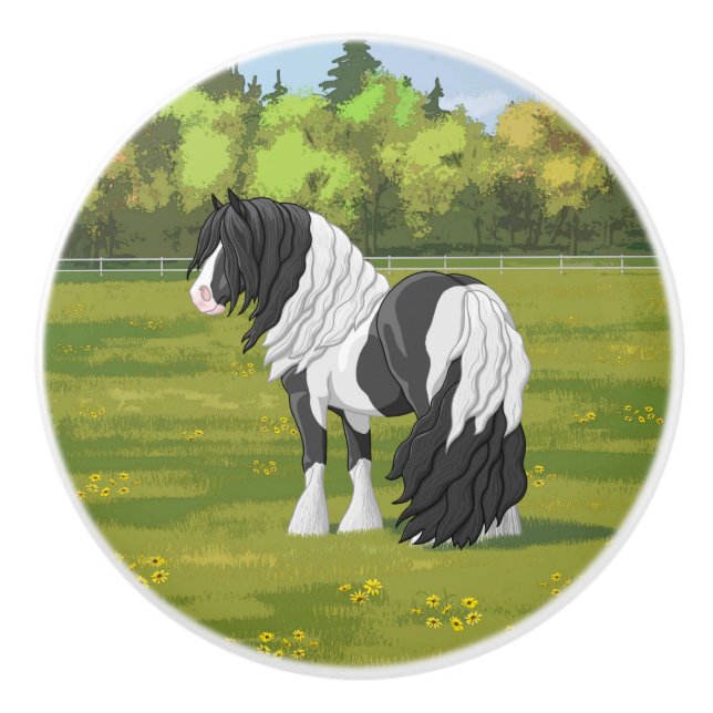 Black Pinto Piebald Gypsy Vanner Draft Horse Ceramic Knob (Front)