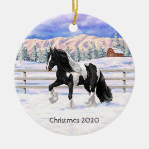 Black Pinto Piebald Gypsy Vanner Draft Horse Ceramic Ornament