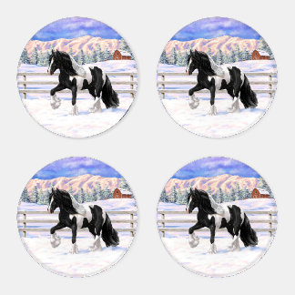 Black Pinto Piebald Gypsy Vanner Draft Horse Coaster Set
