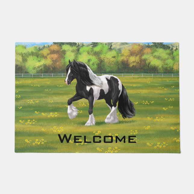 Black Pinto Piebald Gypsy Vanner Draft Horse Doormat (Front)