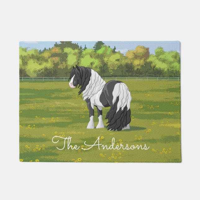 Black Pinto Piebald Gypsy Vanner Draft Horse Doormat (Front)