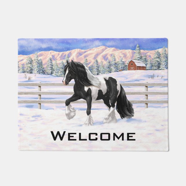 Black Pinto Piebald Gypsy Vanner Draft Horse Doormat (Front)