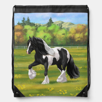Black Pinto Piebald Gypsy Vanner Draft Horse Drawstring Bag