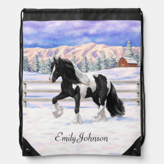 Black Pinto Piebald Gypsy Vanner Draft Horse Drawstring Bag
