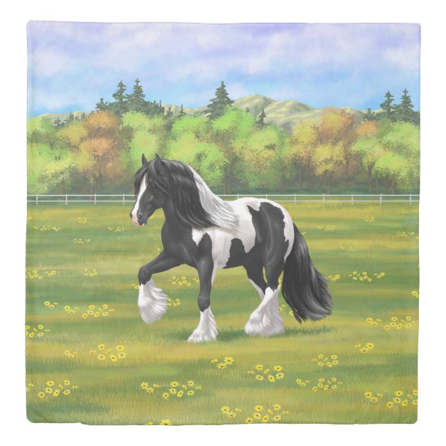 Black Pinto Piebald Gypsy Vanner Draft Horse Duvet Cover (Front)