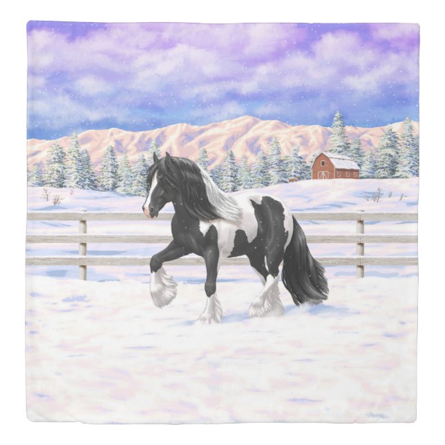 Black Pinto Piebald Gypsy Vanner Draft Horse Duvet Cover (Front)