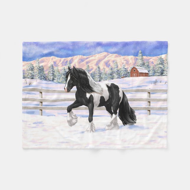 Black Pinto Piebald Gypsy Vanner Draft Horse Fleece Blanket (Front (Horizontal))