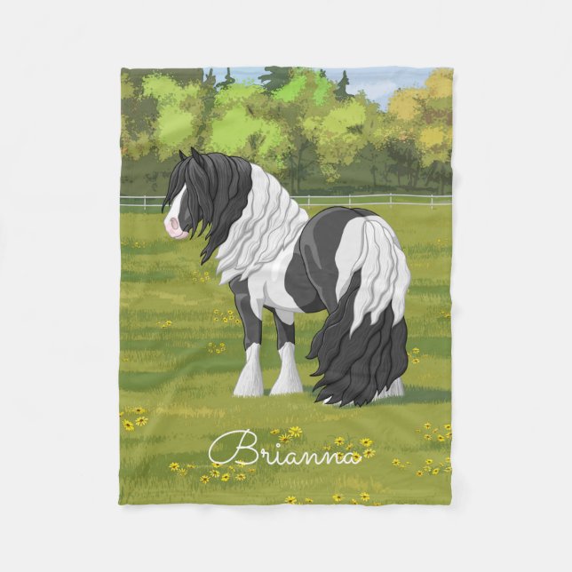 Black Pinto Piebald Gypsy Vanner Draft Horse Fleece Blanket (Front)