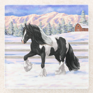 Black Pinto Piebald Gypsy Vanner Draft Horse Glass Coaster