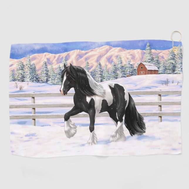 Black Pinto Piebald Gypsy Vanner Draft Horse Golf Towel (Horizontal)